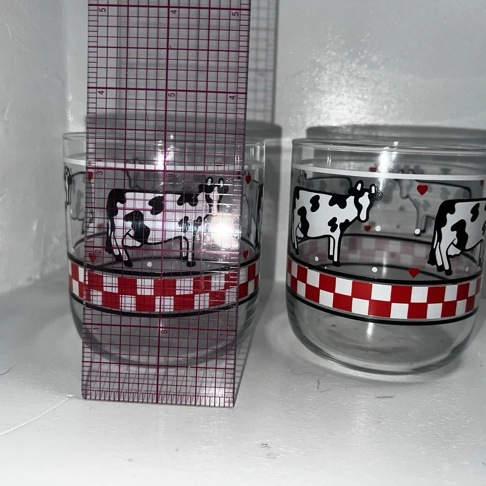 Vtg Libbey Juice Glass, Red White Checker Heart/Cow  Glasses Set Of 2 Farmhouse